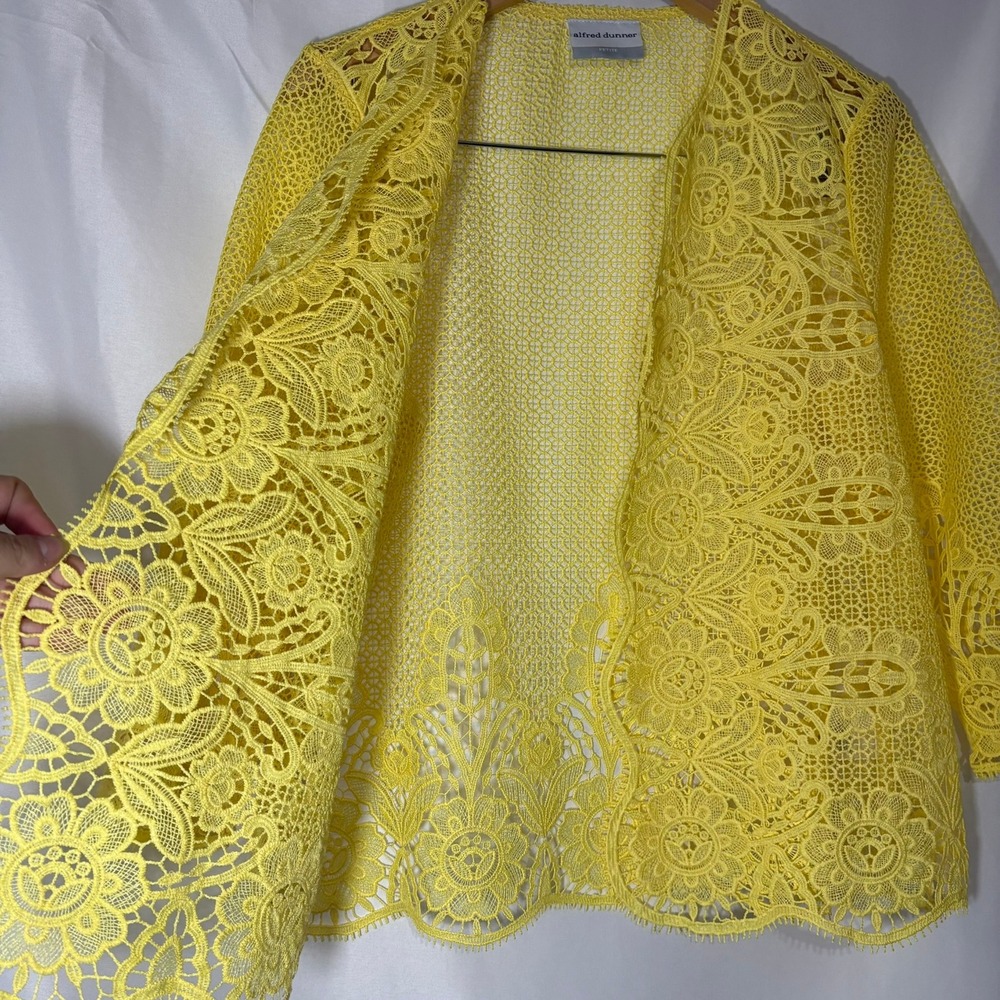 Alfred Dunner Floral Guipure Lace Open Front Cardigan Yellow 3/4 Sleeve - Picture 5 of 7